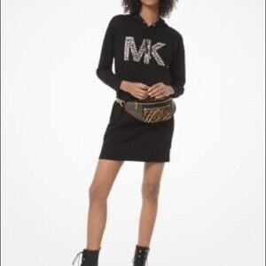 Michael Kors Studded Leopard Logo Hoodie Sweater Dress Size XS